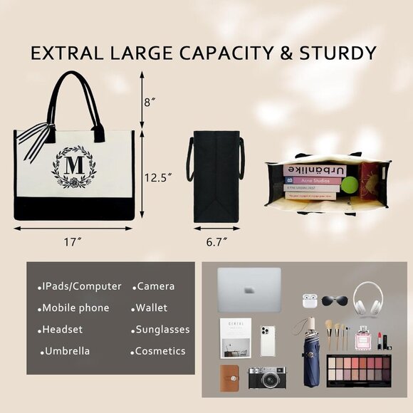 Personalized Embroidered Canvas Tote Bag for Women Large Beach Work Gift - Picture 2 of 8